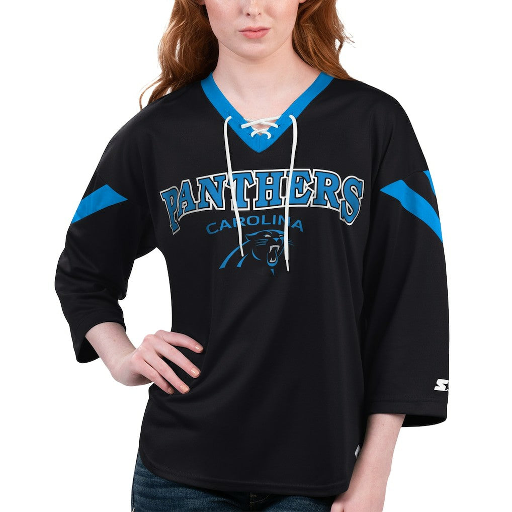 Carolina Panthers Starter Women's Rally Lace-Up 3/4 Sleeve T-Shirt - Black - NFL