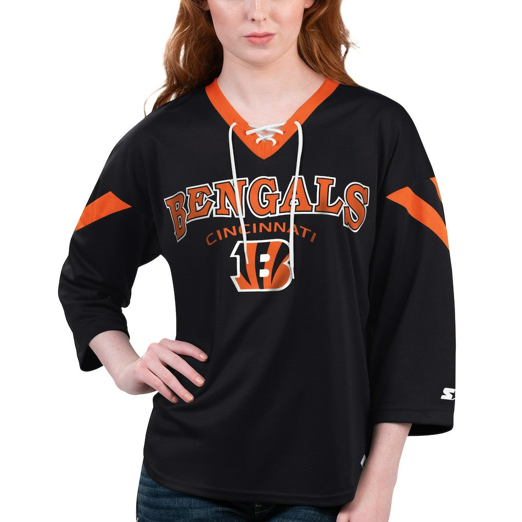Cincinnati Bengals Starter Women's Rally Lace-Up 3/4 Sleeve T-Shirt - Black - NFL