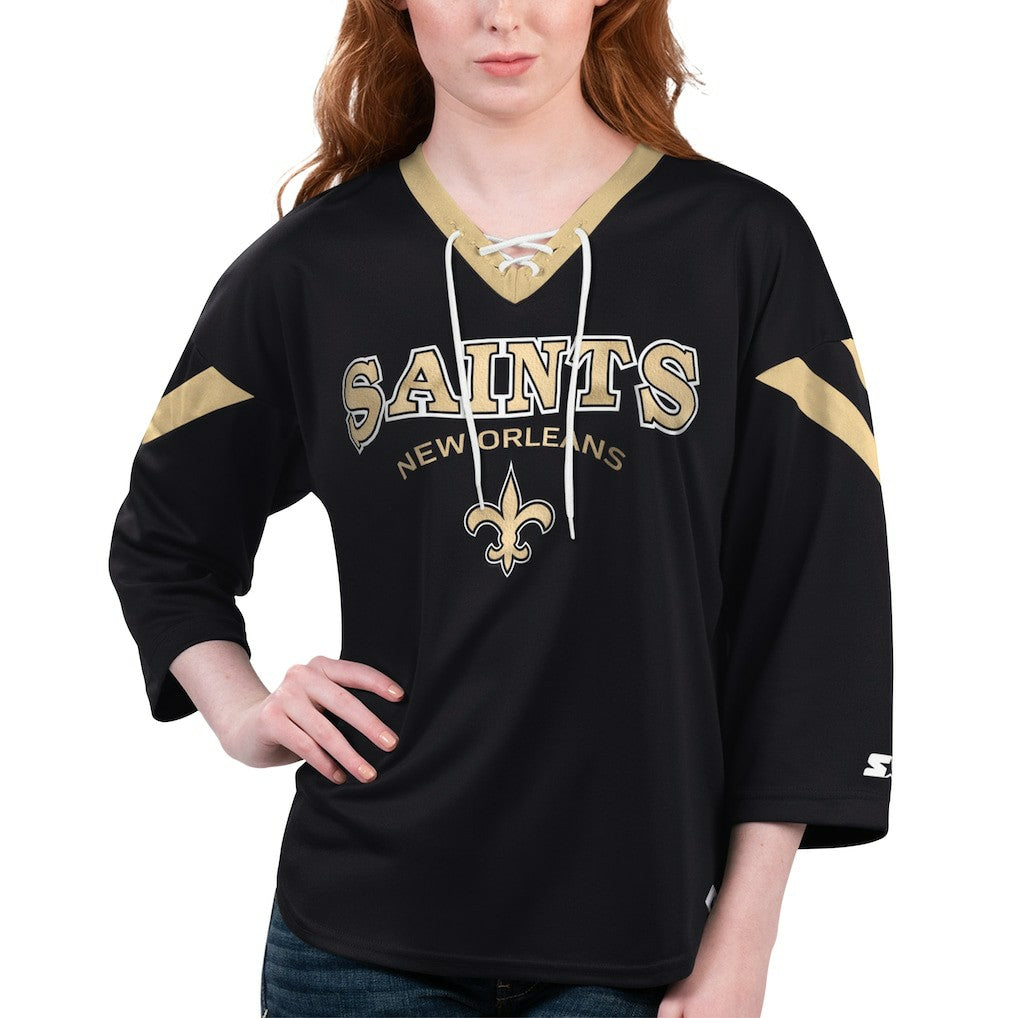 New Orleans Saints Starter Women's Rally Lace-Up 3/4 Sleeve T-Shirt - Black - NFL