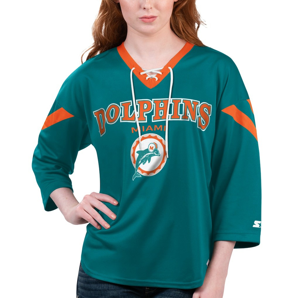 Miami Dolphins Starter Women's Rally Lace-Up 3/4 Sleeve T-Shirt - Aqua - NFL