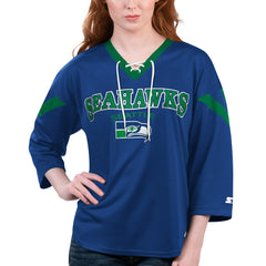 Seattle Seahawks Starter Women's Rally Lace-Up 3/4 Sleeve T-Shirt - Navy - NFL