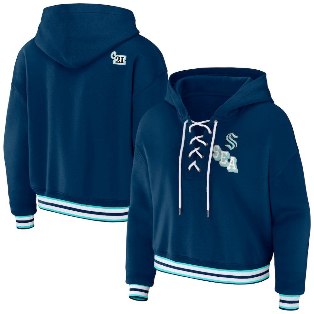 Seattle Kraken WEAR by Erin Andrews Women's Lace-Up Pullover Hoodie - Blue | NHL Lifestyle
