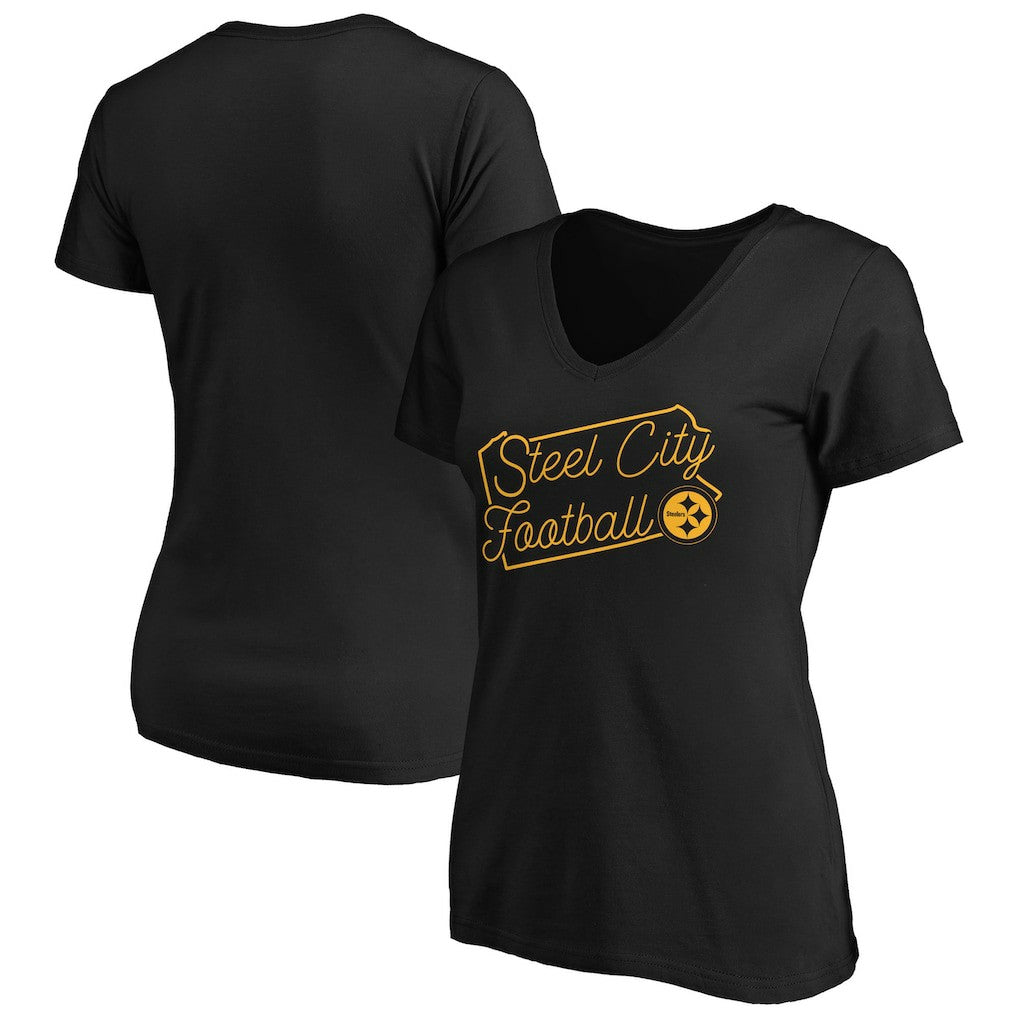 Pittsburgh Steelers Women's Script V-Neck T-Shirt - Black - NFL