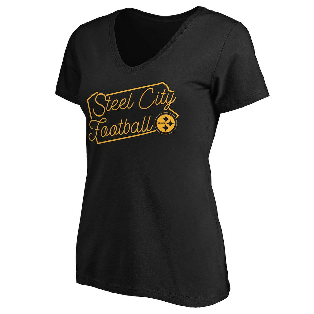 Pittsburgh Steelers Women's Script V-Neck T-Shirt - Black - NFL