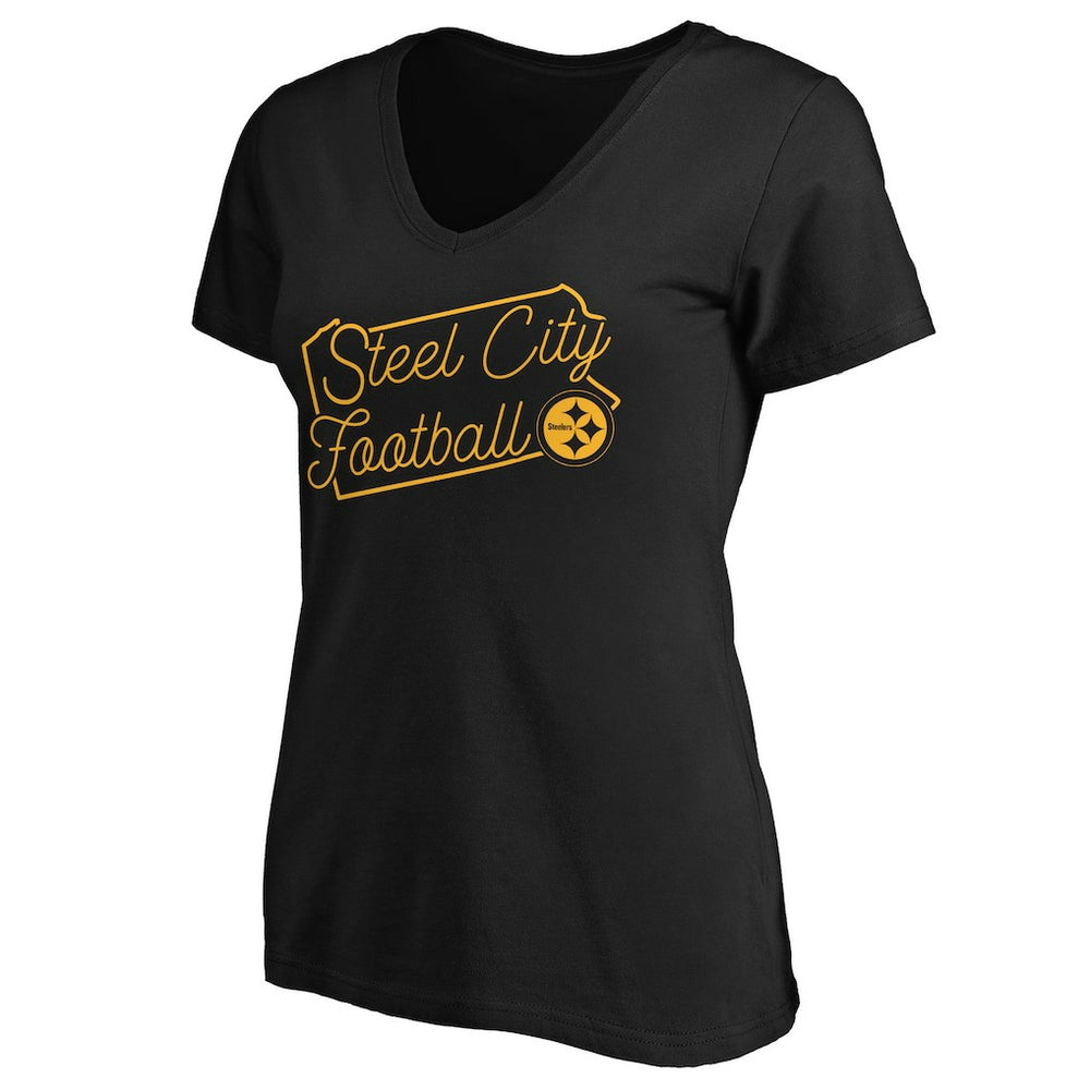 Pittsburgh Steelers Women's Script V-Neck T-Shirt - Black - NFL