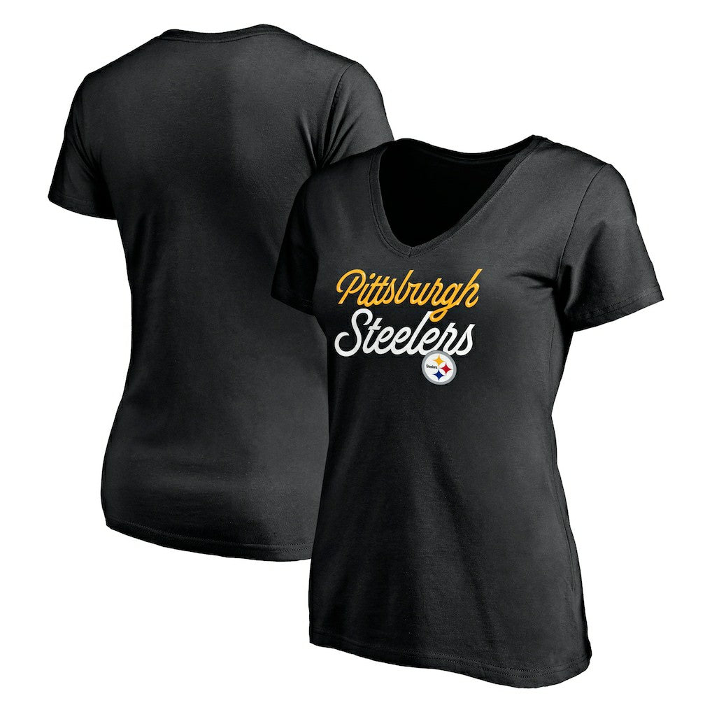 Pittsburgh Steelers Women's Long Stride V-Neck T-Shirt - Black - NFL