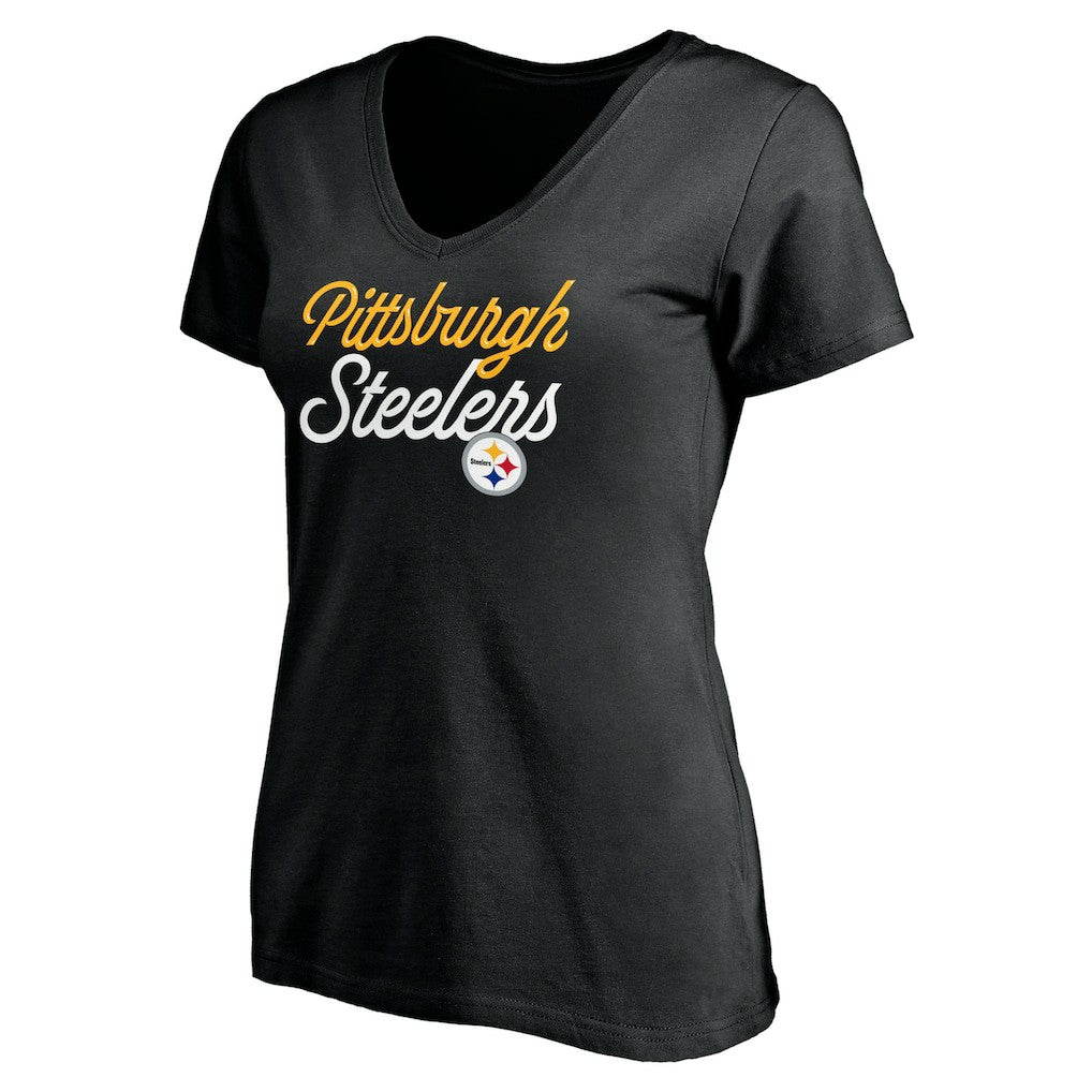 Pittsburgh Steelers Women's Long Stride V-Neck T-Shirt - Black - NFL