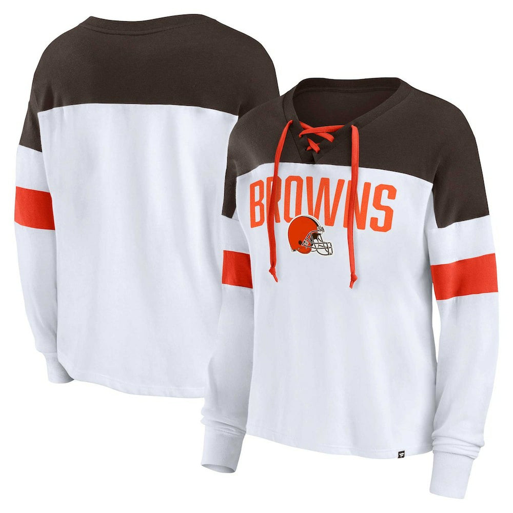 Cleveland Browns Women's Plus Size Even Match Lace-Up Long Sleeve V-Neck Top - White/Brown - Fanatics