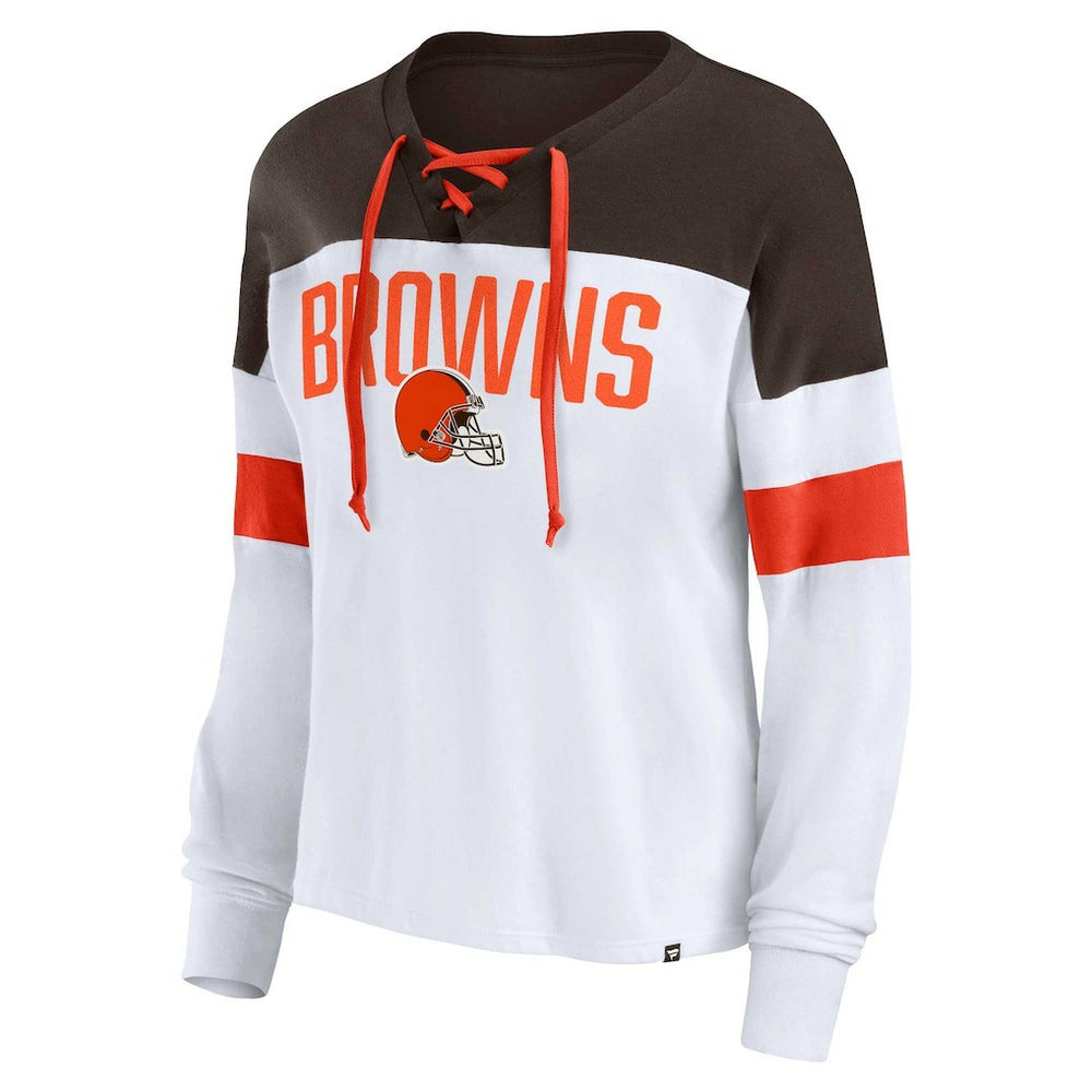 Cleveland Browns Women's Plus Size Even Match Lace-Up Long Sleeve V-Neck Top - White/Brown - Fanatics