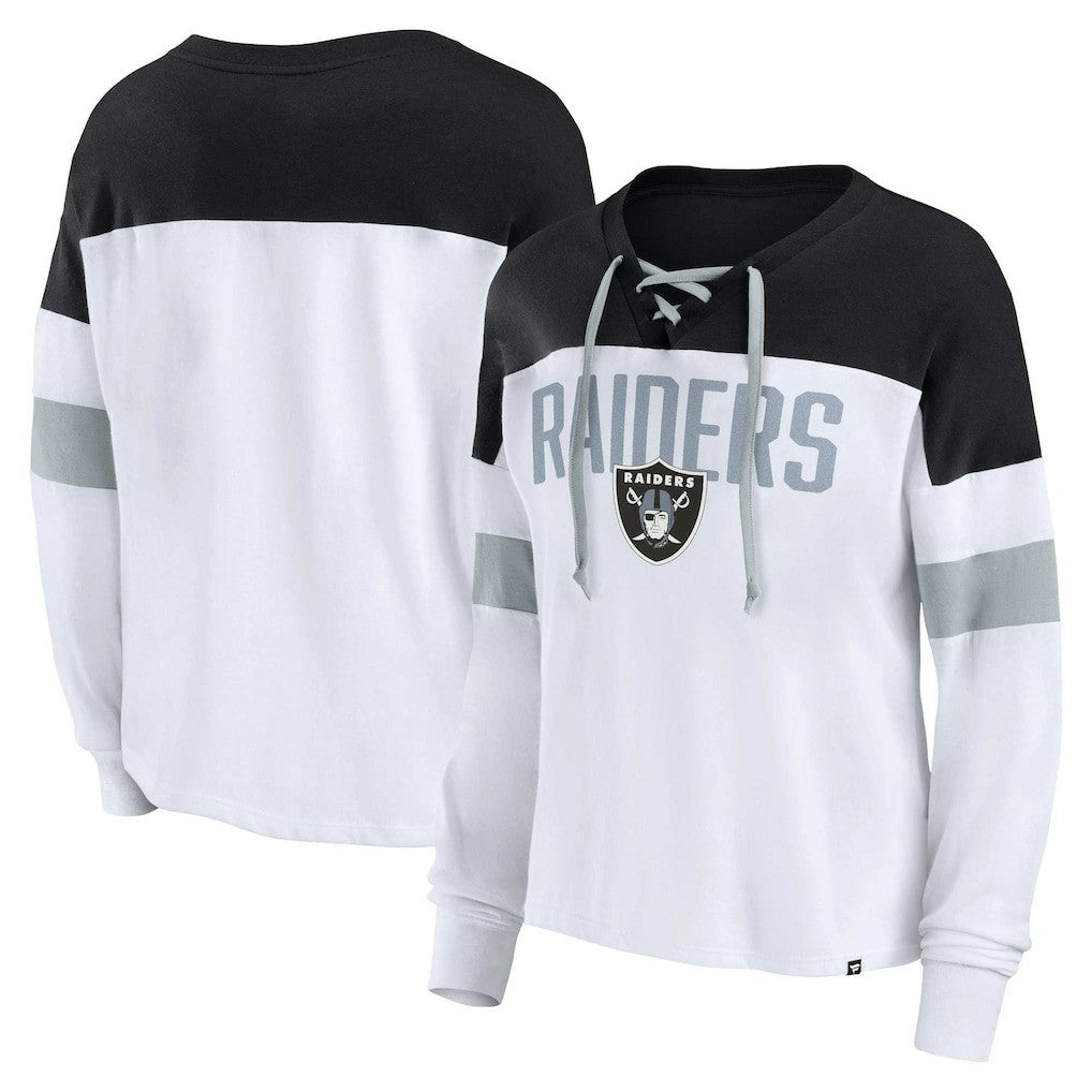 Las Vegas Raiders Women's Plus Size Even Match Lace-Up Long Sleeve V-Neck Top - White/Black - Fanatics