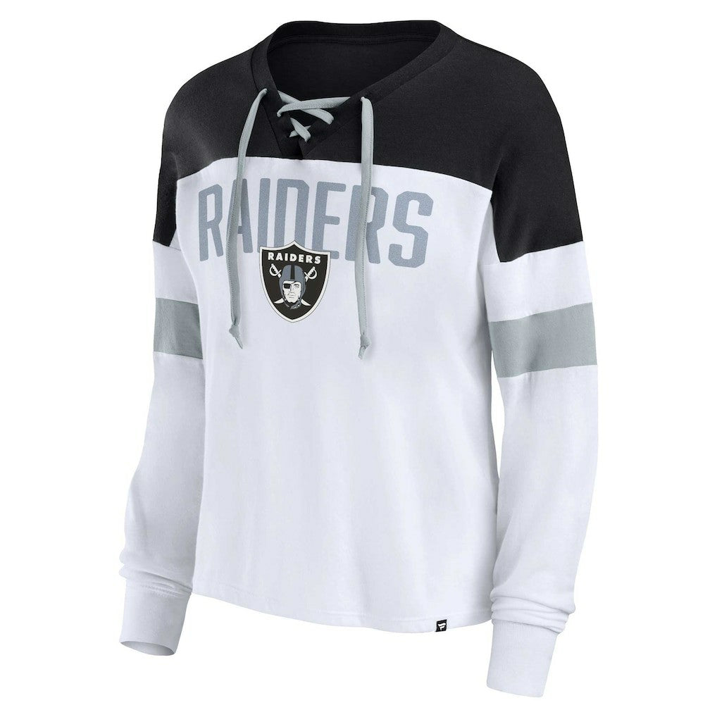 Las Vegas Raiders Women's Plus Size Even Match Lace-Up Long Sleeve V-Neck Top - White/Black - Fanatics