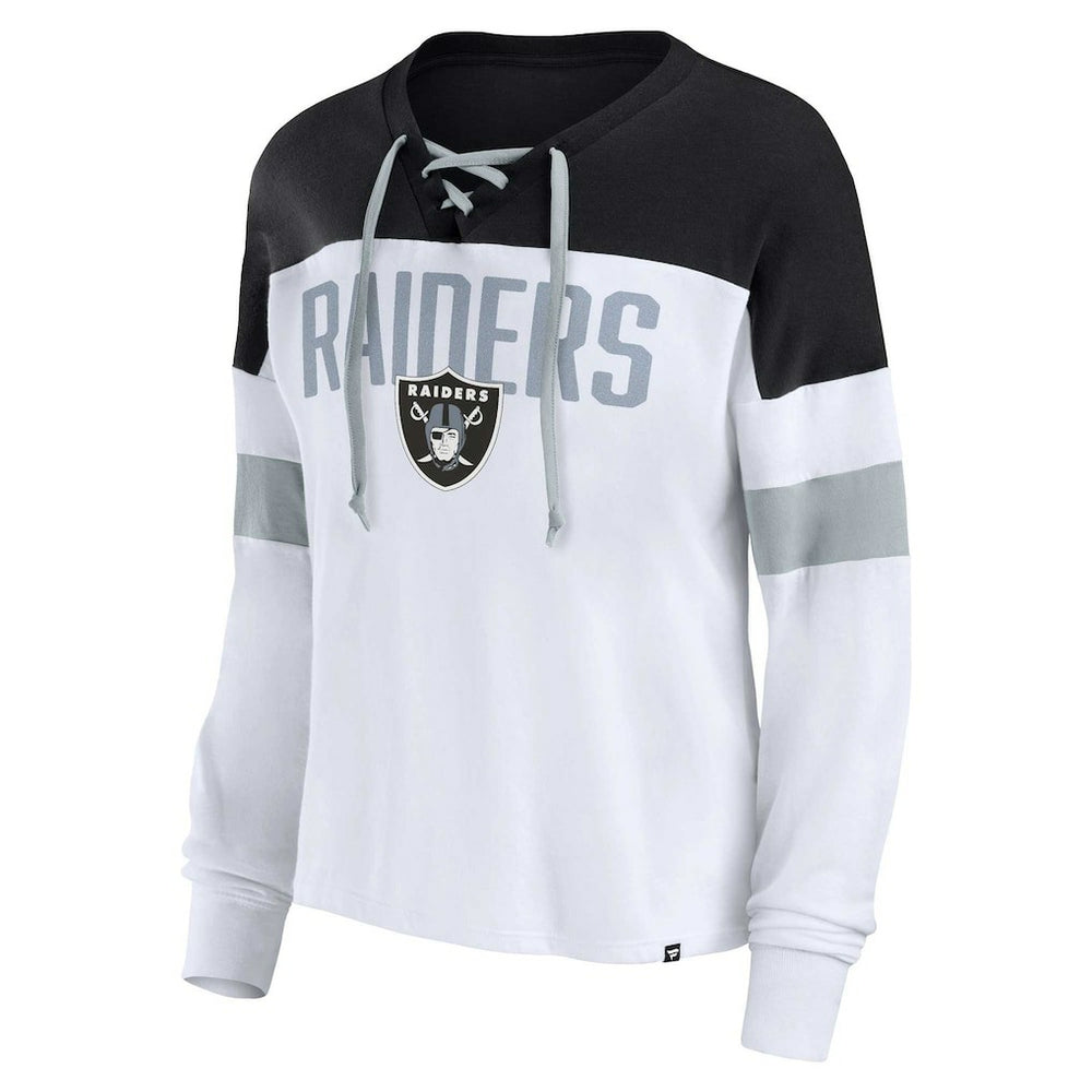Las Vegas Raiders Women's Plus Size Even Match Lace-Up Long Sleeve V-Neck Top - White/Black - Fanatics