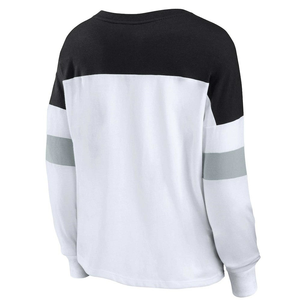 Las Vegas Raiders Women's Plus Size Even Match Lace-Up Long Sleeve V-Neck Top - White/Black - Fanatics