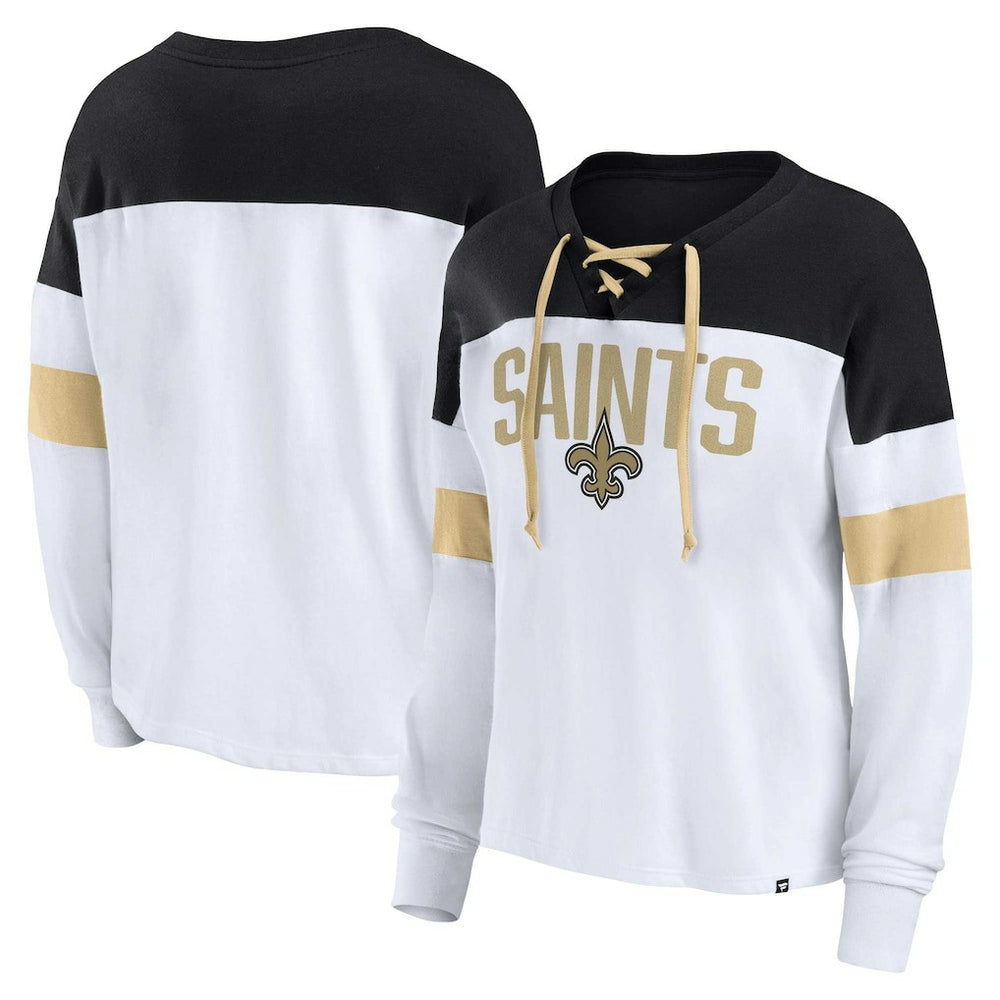 New Orleans Saints Women's Plus Size Even Match Lace-Up Long Sleeve V-Neck Top - White/Black - Fanatics
