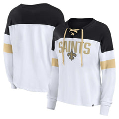 New Orleans Saints Women's Plus Size Even Match Lace-Up Long Sleeve V-Neck Top - White/Black - Fanatics
