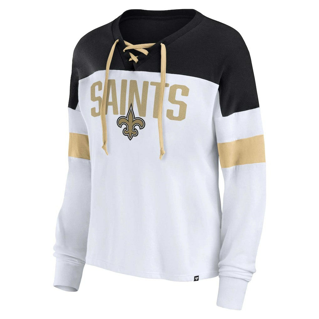 New Orleans Saints Women's Plus Size Even Match Lace-Up Long Sleeve V-Neck Top - White/Black - Fanatics