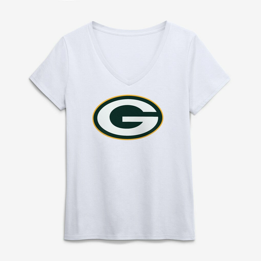 Green Bay Packers Logo Athletic Women's Primary Logo V-Neck T-Shirt - White - NFL