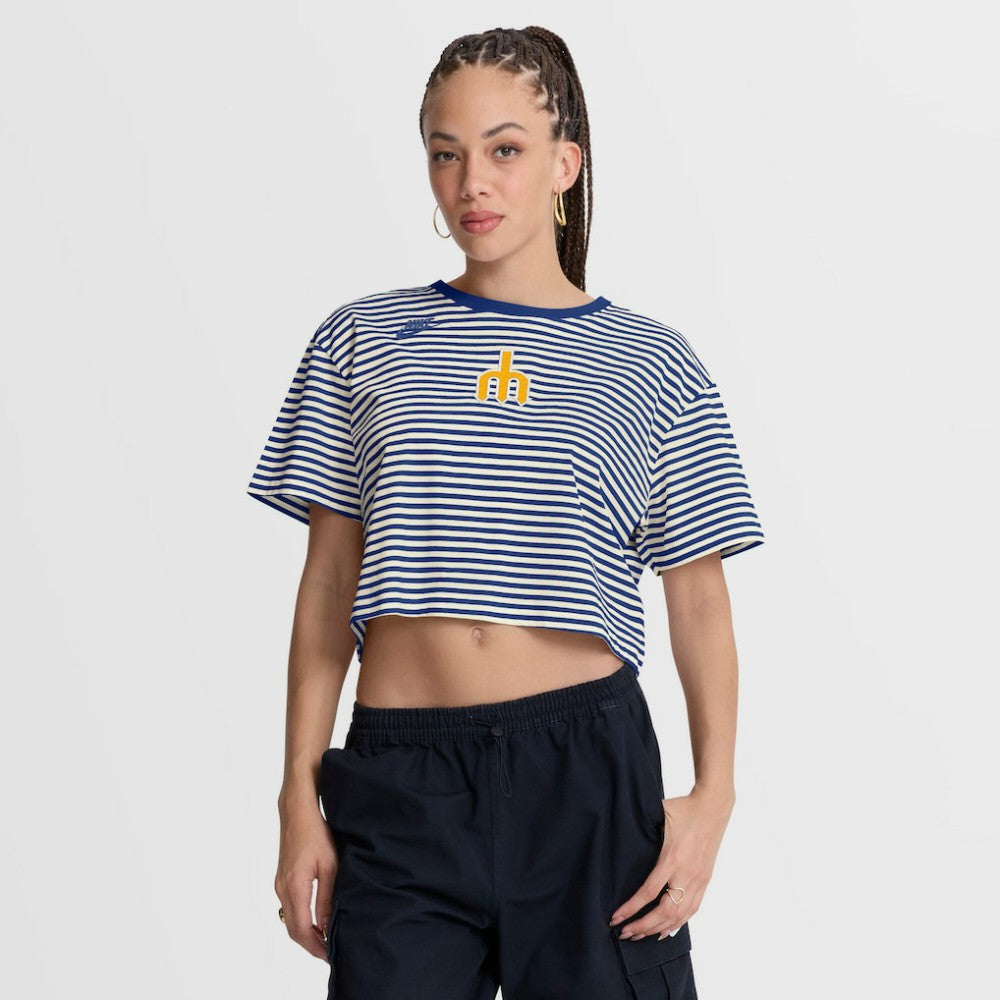 Seattle Mariners Nike Women's Cooperstown Collection Striped Cropped T-Shirt Outlet