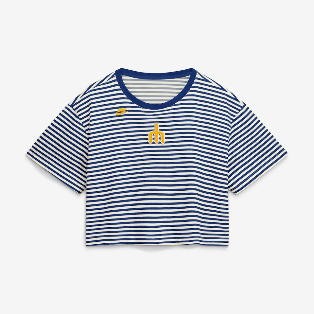 Seattle Mariners Nike Women's Cooperstown Collection Striped Cropped T-Shirt Outlet
