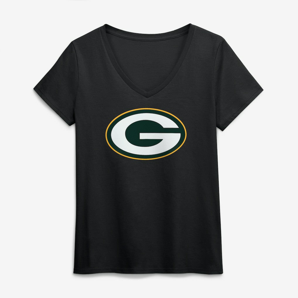 Green Bay Packers Logo Athletic Women's Primary Logo V-Neck T-Shirt - Black - NFL