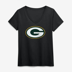 Green Bay Packers Logo Athletic Women's Primary Logo V-Neck T-Shirt - Black - NFL