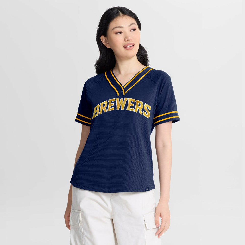 Milwaukee Brewers Fanatics Women's Diva Race Ahead Raglan V-Neck T-Shirt Discount