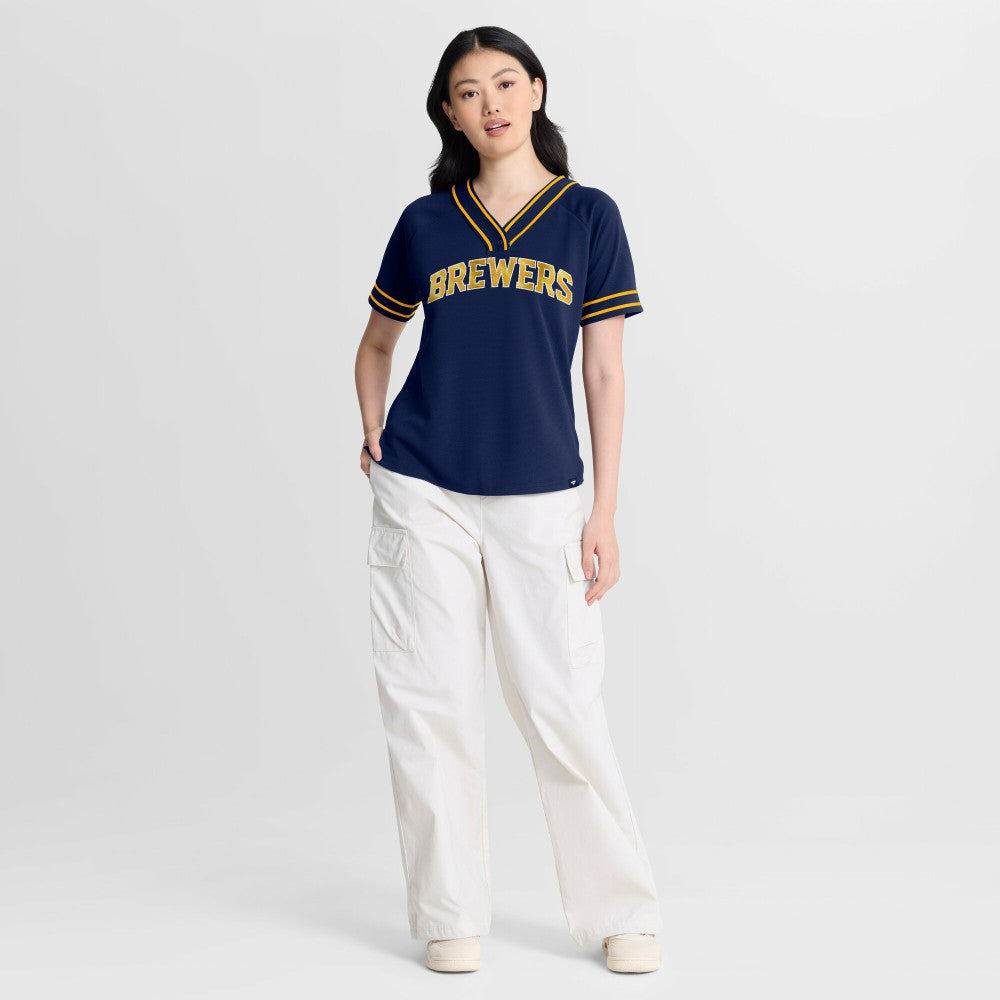 Milwaukee Brewers Fanatics Women's Diva Race Ahead Raglan V-Neck T-Shirt Discount