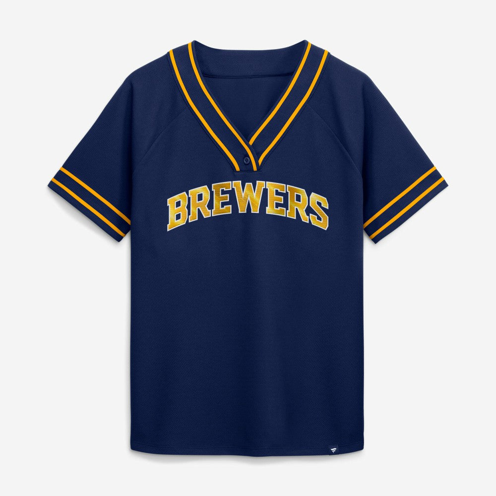 Milwaukee Brewers Fanatics Women's Diva Race Ahead Raglan V-Neck T-Shirt Discount