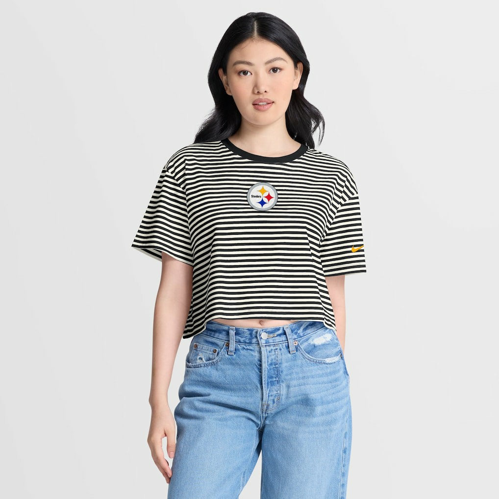 Pittsburgh Steelers Women's Striped Cropped T-Shirt - Black/Cream - Nike
