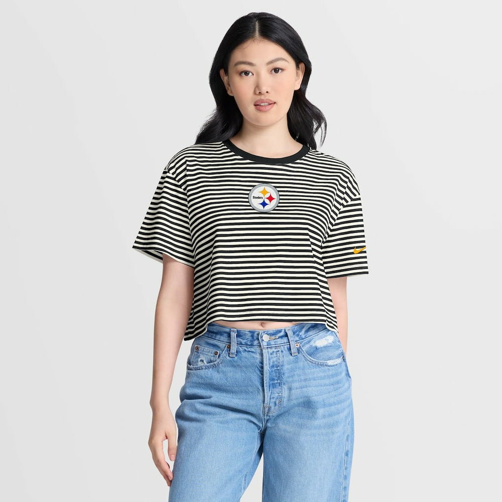 Pittsburgh Steelers Women's Striped Cropped T-Shirt - Black/Cream - Nike