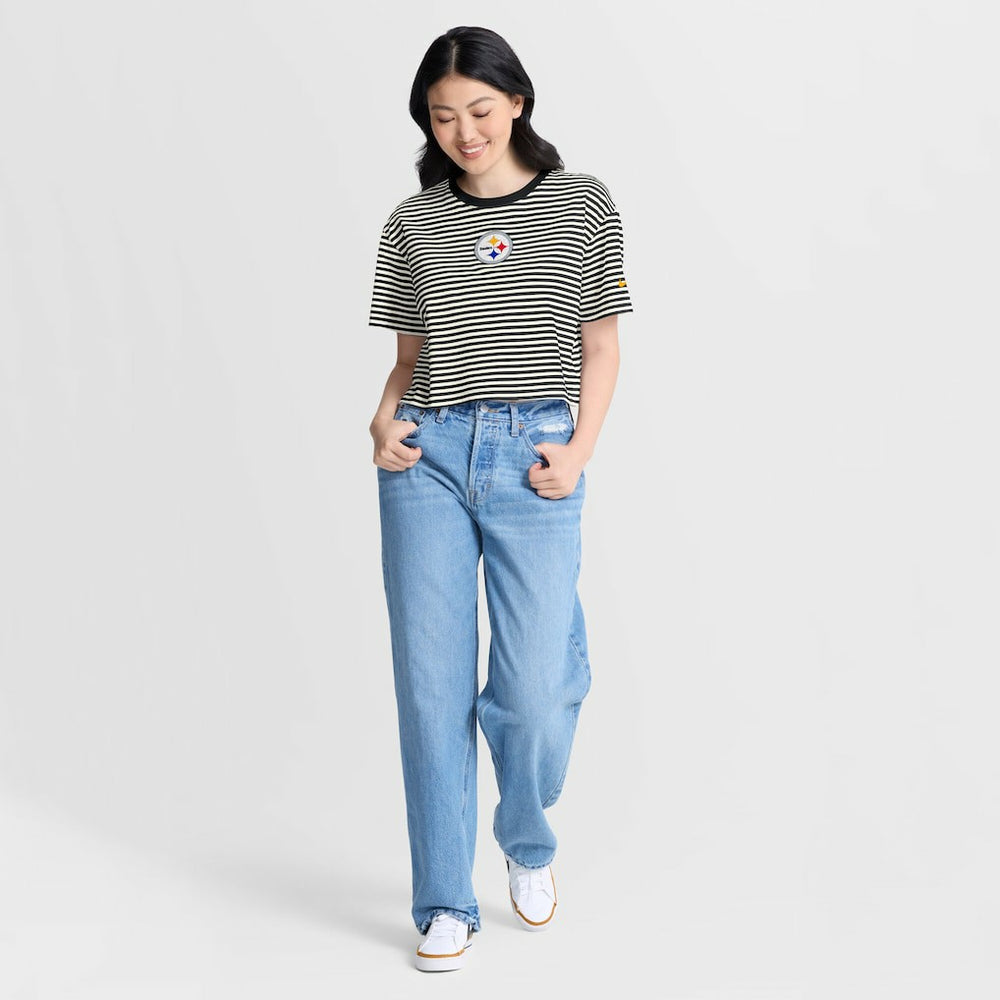 Pittsburgh Steelers Women's Striped Cropped T-Shirt - Black/Cream - Nike