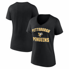 Pittsburgh Penguins Logo Athletic Women's Arch Victory V-Neck T-Shirt - Black | NHL Clearance