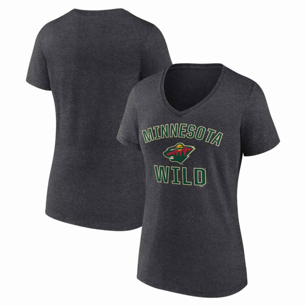 Minnesota Wild Logo Athletic Women's Arch Victory V-Neck T-Shirt - Heather Charcoal | NHL Clearance