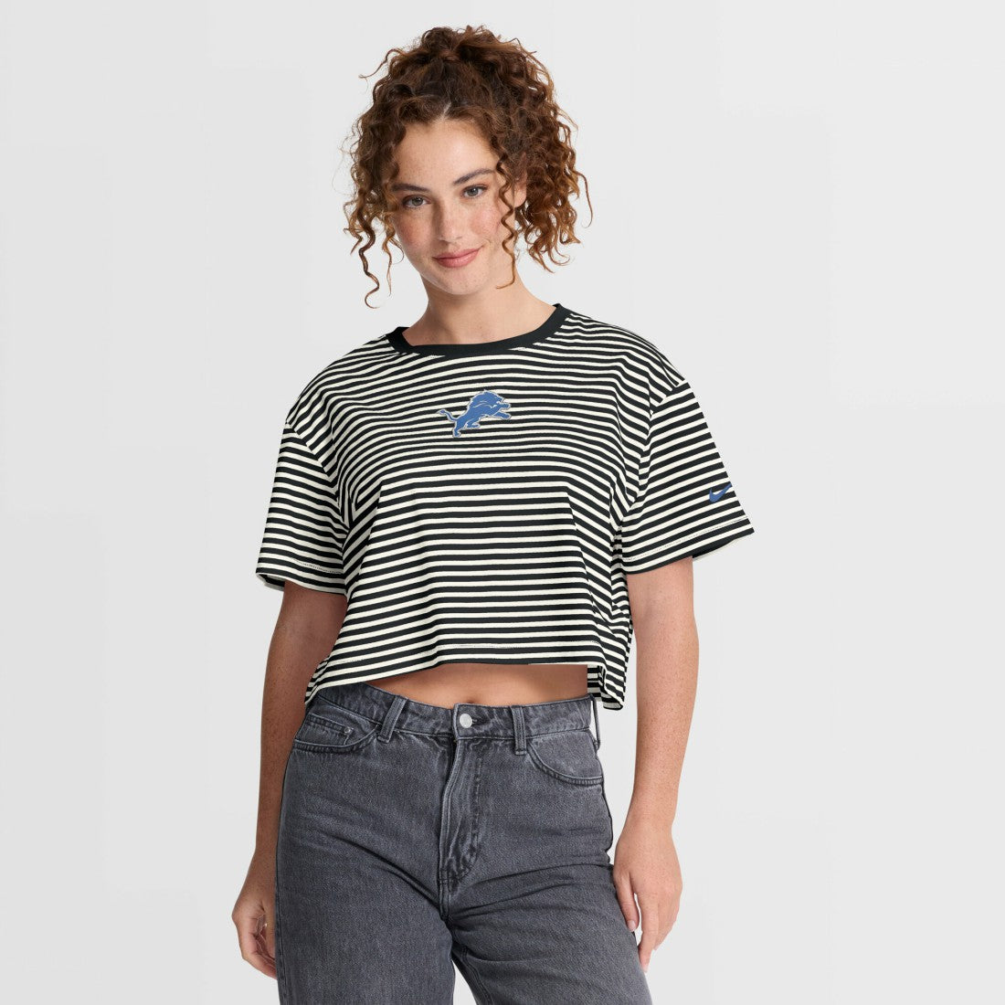 Detroit Lions Women's Striped Cropped T-Shirt - Black/Cream - Nike