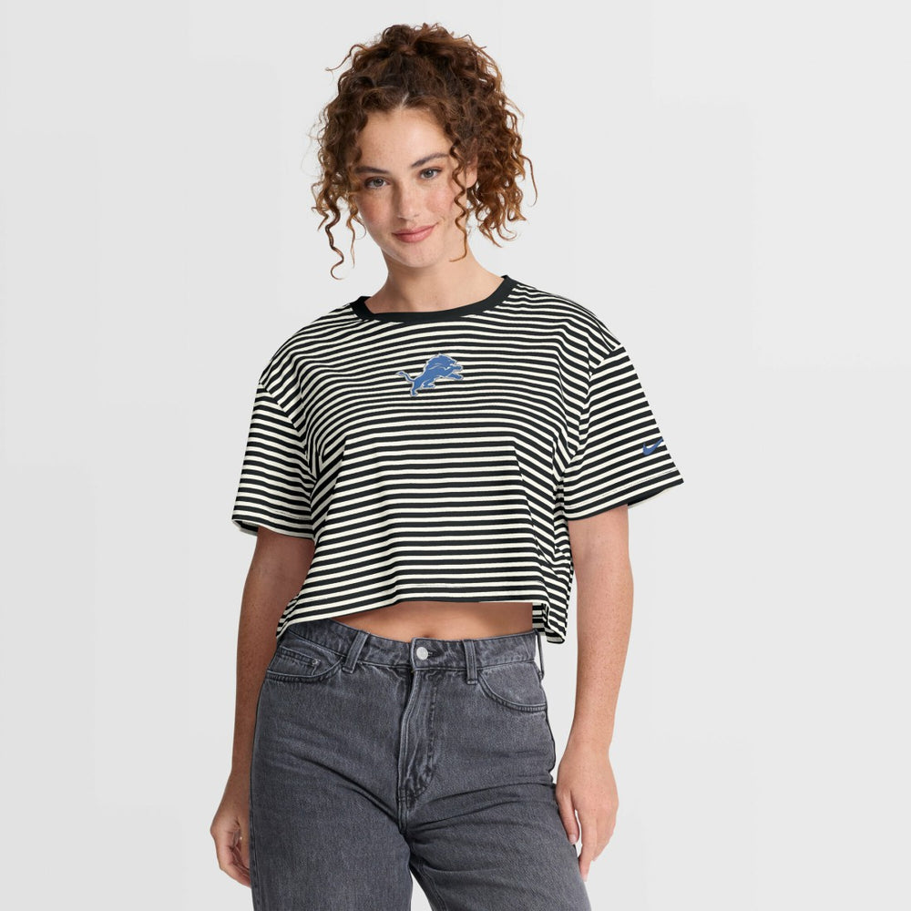 Detroit Lions Women's Striped Cropped T-Shirt - Black/Cream - Nike