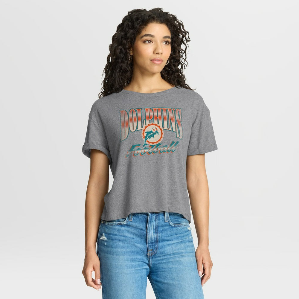 Miami Dolphins Women's Overplayed Tribute Tri-Blend Boxy T-Shirt - Heather Gray - Fanatics