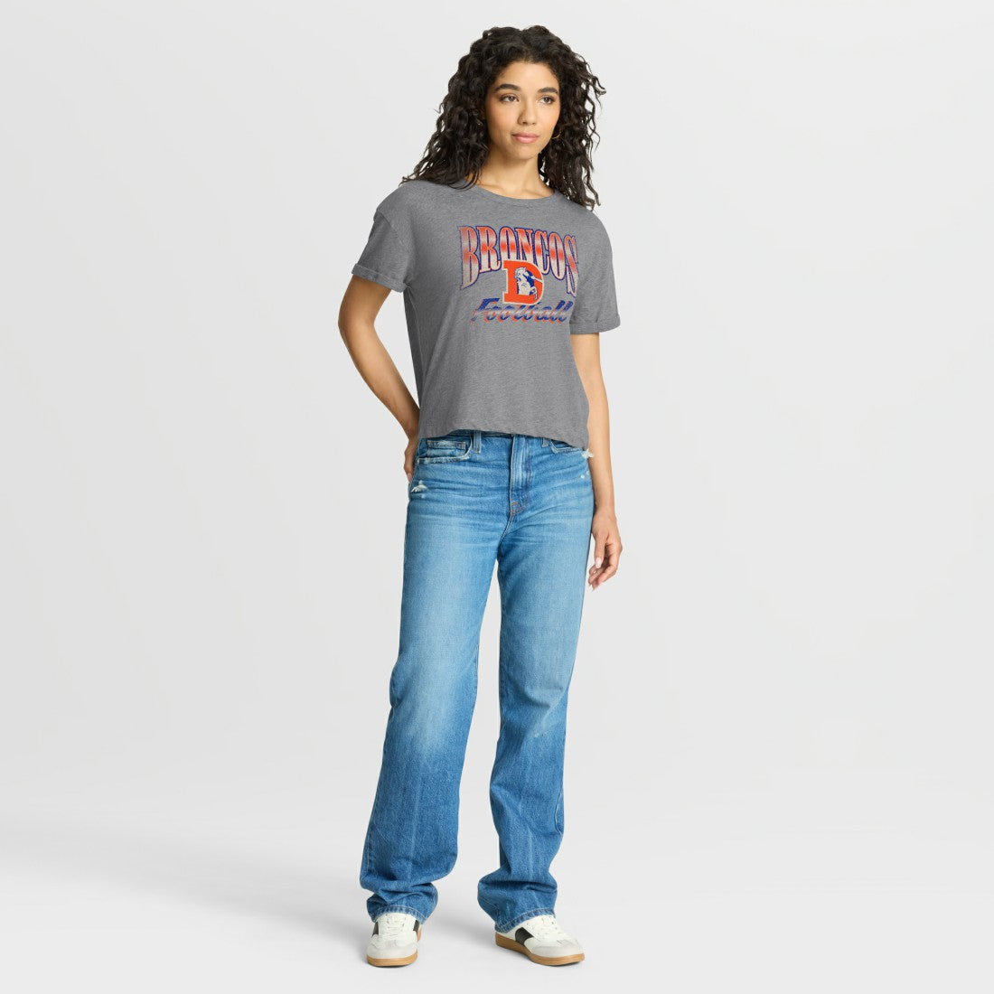 Denver Broncos Women's Overplayed Tribute Tri-Blend Boxy T-Shirt - Heather Gray - Fanatics