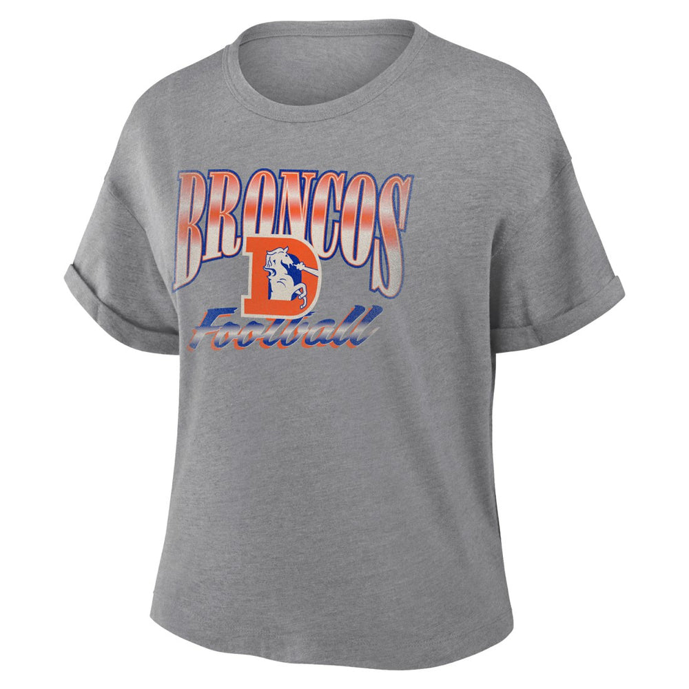 Denver Broncos Women's Overplayed Tribute Tri-Blend Boxy T-Shirt - Heather Gray - Fanatics