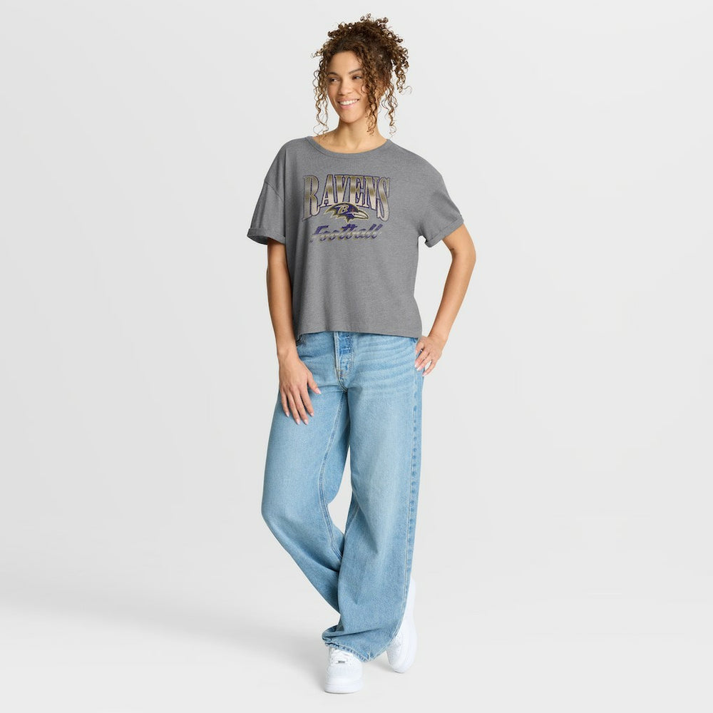 Baltimore Ravens Women's Overplayed Tribute Tri-Blend Boxy T-Shirt - Heather Gray - Fanatics