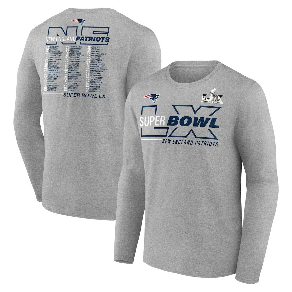 New England Patriots Super Bowl LX Roster Long Sleeve T-Shirt - Heather Gray - Fanatics