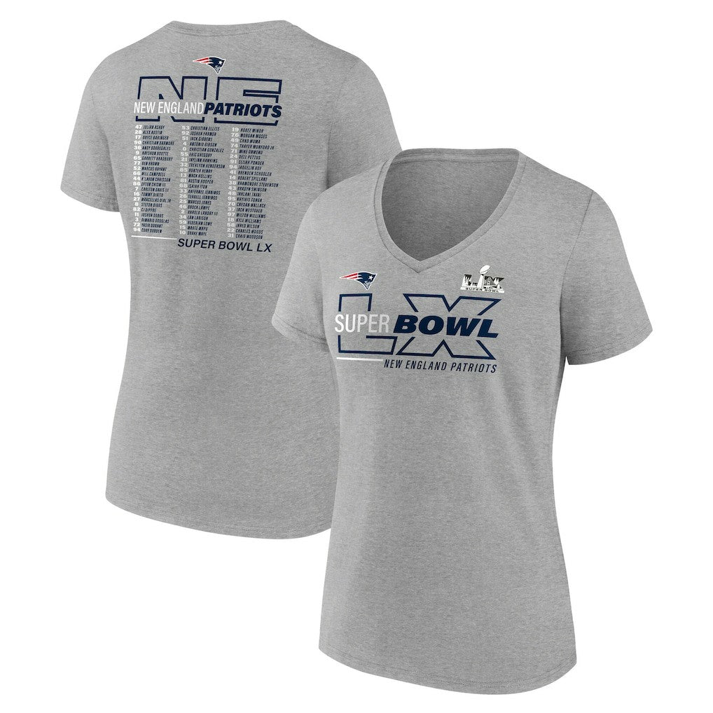 New England Patriots Women's Super Bowl LX Roster V-Neck T-Shirt - Heather Gray - Fanatics
