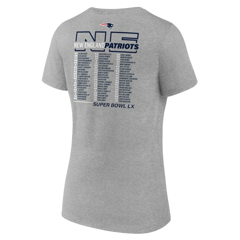 New England Patriots Women's Super Bowl LX Roster V-Neck T-Shirt - Heather Gray - Fanatics
