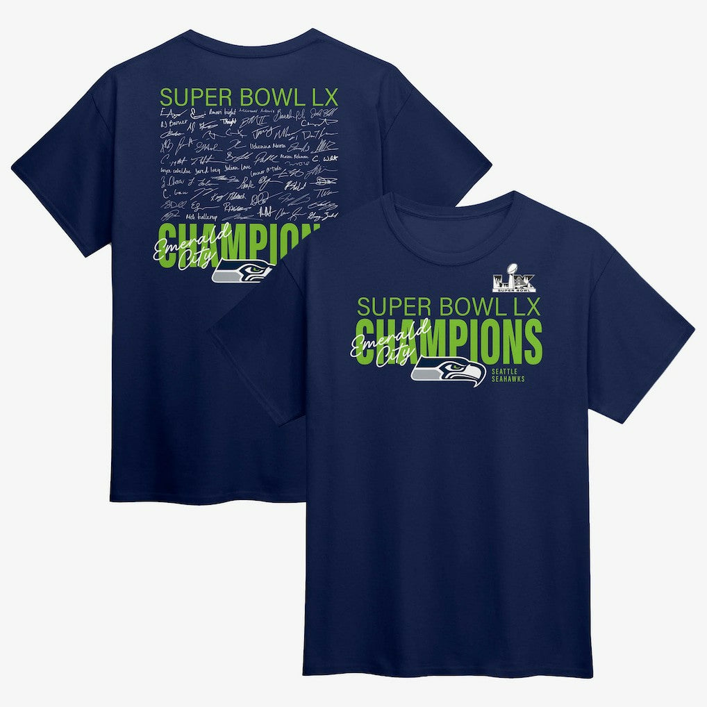 Seattle Seahawks Super Bowl LX Champions Autograph Signing Roster T-Shirt - College Navy - Fanatics