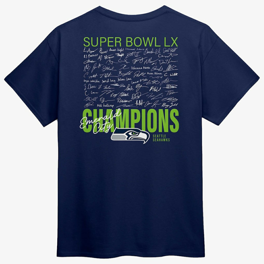 Seattle Seahawks Super Bowl LX Champions Autograph Signing Roster T-Shirt - College Navy - Fanatics