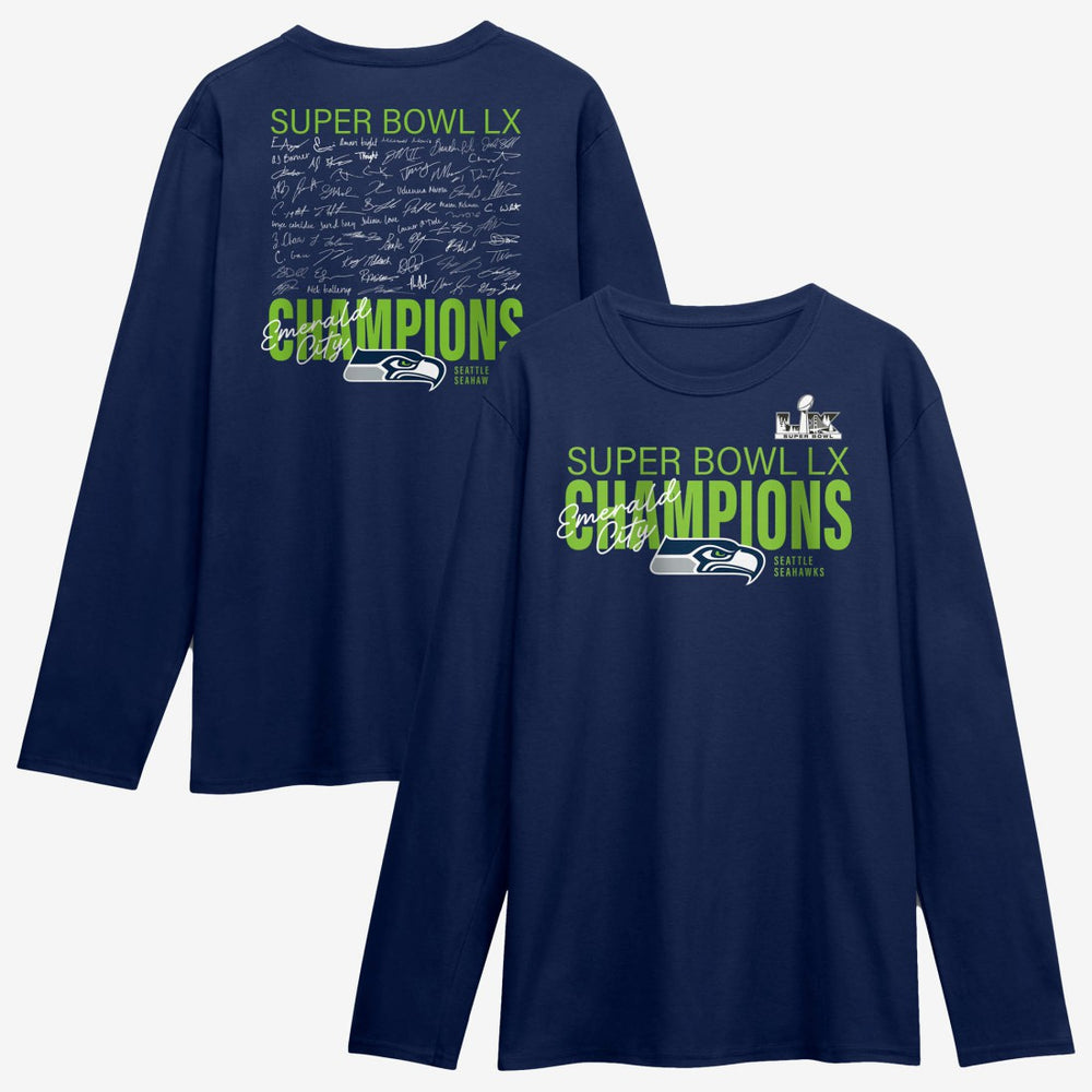Seattle Seahawks Super Bowl LX Champions Autograph Signing Long Sleeve Roster T-Shirt - College Navy - Fanatics