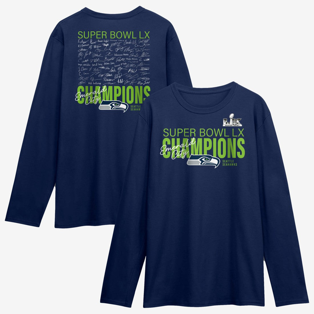 Seattle Seahawks Super Bowl LX Champions Autograph Signing Long Sleeve Roster T-Shirt - College Navy - Fanatics