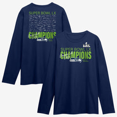 Seattle Seahawks Super Bowl LX Champions Autograph Signing Long Sleeve Roster T-Shirt - College Navy - Fanatics