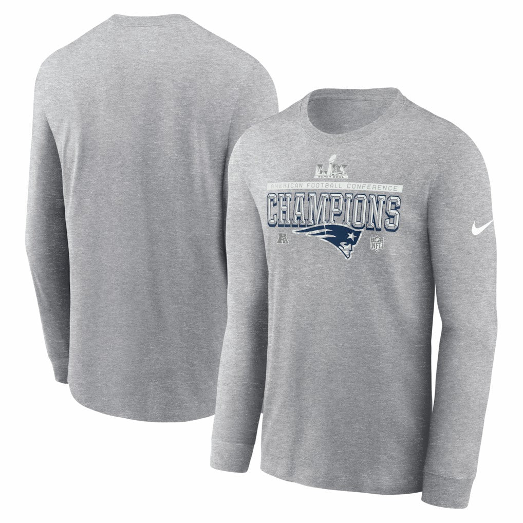 New England Patriots 2025 AFC Champions Locker Room Trophy Collection Long Sleeve T-Shirt - Heather Gray - Nike