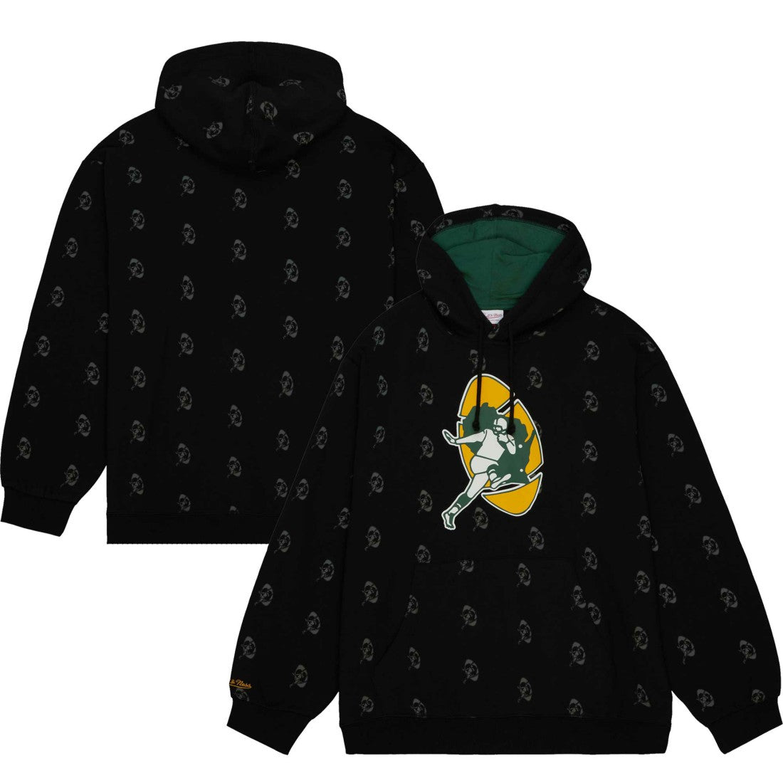 Green Bay Packers Allover Print Fleece Pullover Hoodie - Black - Mitchell & Ness