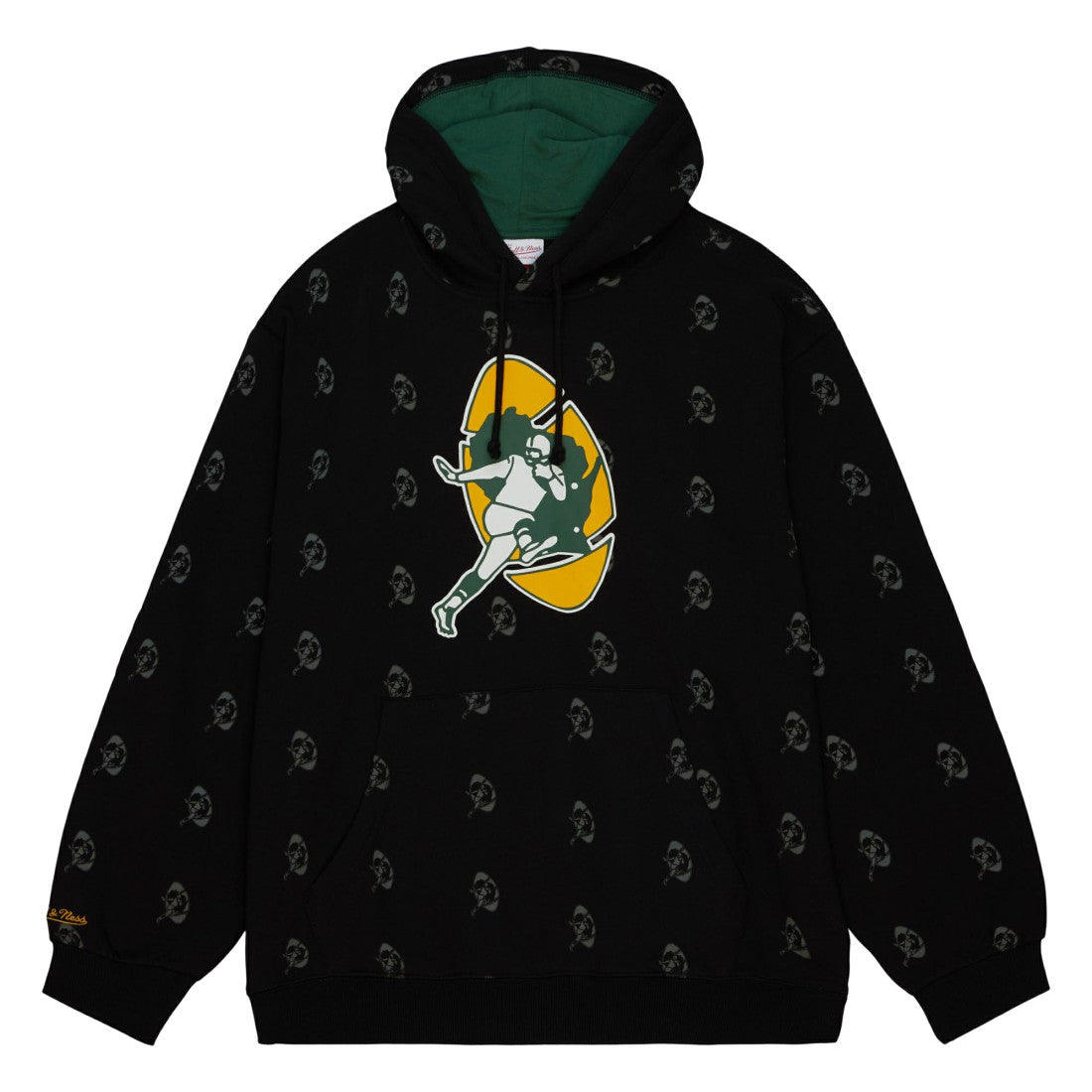 Green Bay Packers Allover Print Fleece Pullover Hoodie - Black - Mitchell & Ness